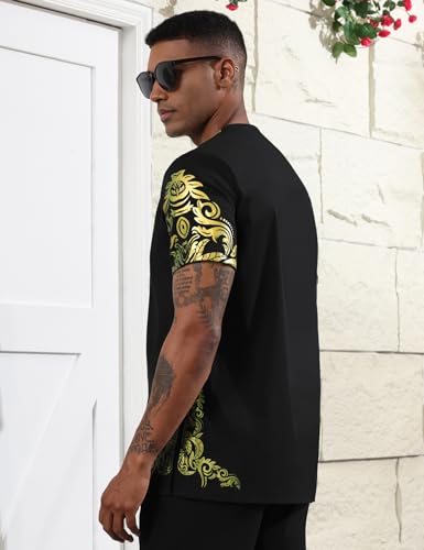 Mens African 2 Piece Set Nigerian Dashiki Metallic Short Sleeve Suit Gold Stamp Printed Shirt and Pants Outfit4