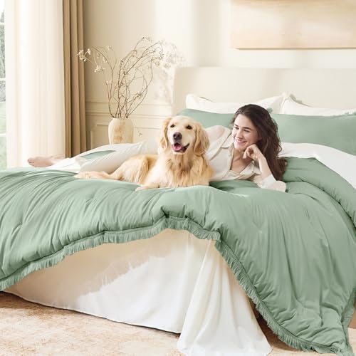Image of Andency Twin Comforter Set Sage Green, 2 Pieces Kids Comforter Sets for Boys Girls Teens, Boho Tassel Lightweight Winter Fluffy Bed Set (66x90In Comforter & 1 Pillowcase)