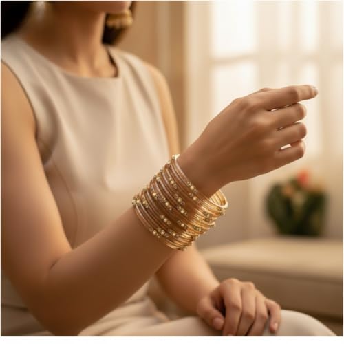 Image of SUNDRAM Women's Premium Fancy Glass Bangles for Women & Girls |with Zircon Gemstone Work & Charm| Traditional Ethnic Bangles Set of 12