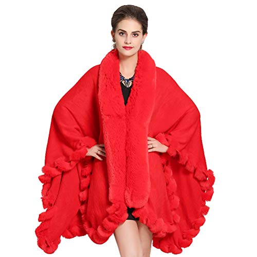 Fenghuavip Luxury Faux Fox Fur Shawl Wraps Loose Wedding Cloak Capes Gifts for Women Red