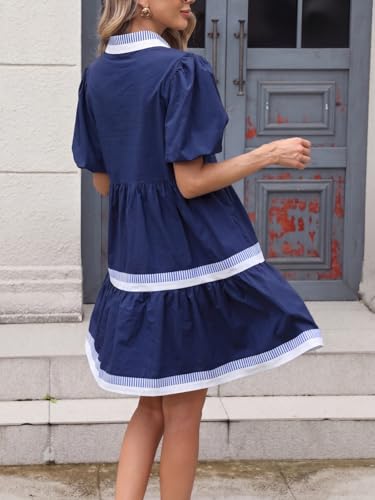 Image of LifeShe Womens Puff Sleeve Babydoll Dress V Neck Navy Blue Striped Color Block Tiered Mini Dresses