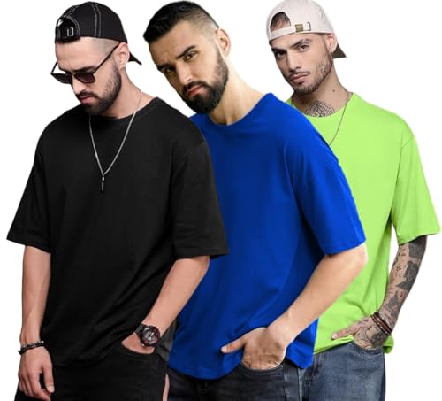Image of LEOTUDE Men's Oversized Cottonblend Half Sleeve Round Neck Solid T-Shirt Combo (Pack of 3)