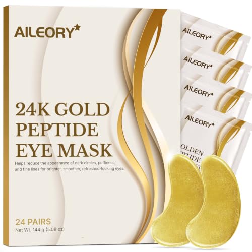 AILEORY 24K Gold Peptide Under Eye Patches (24 Pairs) - Eye Masks for Puffy Eyes, Dark Circles and Fine Lines, Hydrating &amp; Brightening Eye Patches with Glutathione, Hyaluronic Acid &amp; Collagen