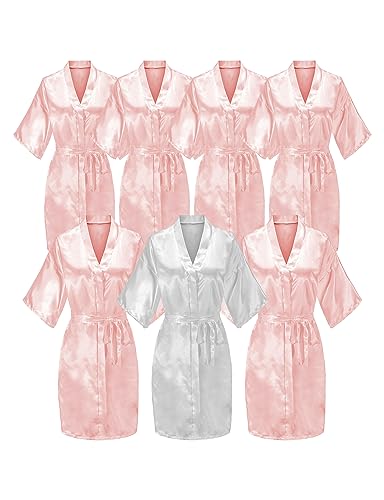 Image of EPLAZA 7Pcs Bride Bridesmaid Robe Set women satin robe Wedding Bridal Party | Soft Satin Silk, Short Sleeve, Lightweight breathable, Fits 100-150lbs, Gifts for wedding day bachelor party