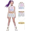Girls Pop Singer Costume Kids Golden Demon Cosplay Iridescent Outfit 3 Pcs Top Shorts and Belt Set for Halloween Party EN216-M