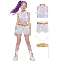 Girls Pop Singer Costume Kids Golden Demon Cosplay Iridescent Outfit 3 Pcs Top Shorts and Belt Set for Halloween Party EN216-M