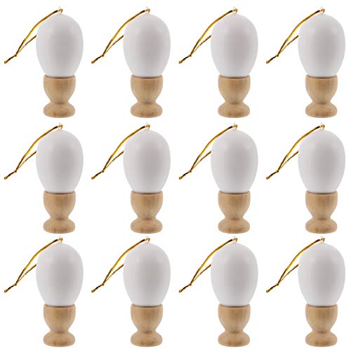 12pcs DIY Easter Eggs Eggs Plastic Fake Eggs with 12 Wooden Cup Holders Simulation Chicken Goose Egg Toy Hanging Decoration for DIY Graffiti Painting Decorating