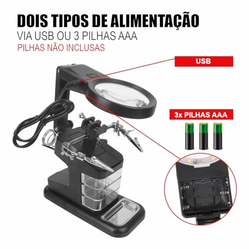 Suporte Ferro Solda + Lupa e Garra p/Eletrônica Iluminação LED c/ 3 Gavetas