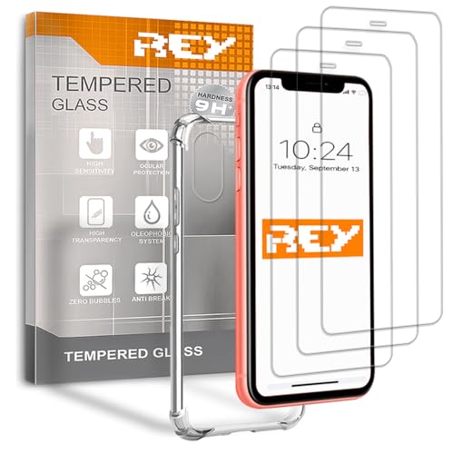REY 3X Protector de Pantalla y Funda Anti-Shock para iPhone XR, Cristal Vidrio Templado y Silicona TPU de Alta Resistencia