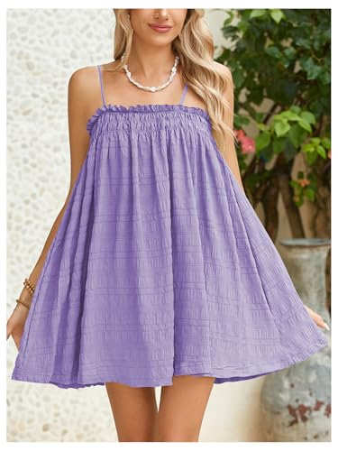 Image of MakeMeChic Women's Babydoll Dress Sleeveless Swing Shirred Mini Dresses | Beach, Summer, Sundress, Ruffle, Casual Dress, Flowy Dress