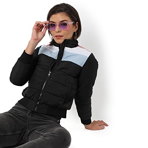 Image of Campus Sutra Women Black Colour-Blocked Puffer Regular Fit Bomber Jacket For Winter Wear | Standing Collar | Full Sleeve | Zipper | Casual Jacket For Woman & Girl | Western Stylish Jacket For Women