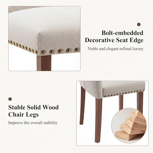 Image of Farmhouse Dining Chairs Set of 6, High Back with Wooden Legs and Nailhead Trim, Modern Fabric Dining Room Chair for Kitchen /Restaurant
