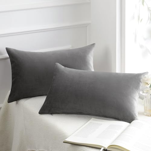 Image of Phantoscope Pack of 2 Velvet Decorative Throw Decorative Pillow Cover Soft Solid Square Cushion Case for Couch Dark Grey 12 x 20 inches 30 x 50 cm