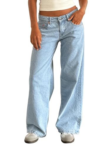 Onsoyours Jean Femme Taille Basse Coupe Droite Straight Jeans Y2K Baggy Jambes Larges Pantalon en Denim Automne Hiver Elastique Jeans B Bleu Clair 02 S