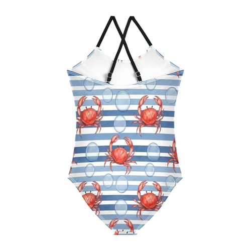 Girls Swimming Suits 3-10 Y Beach Bathing Suit, Red Crabs Blue Stripes2