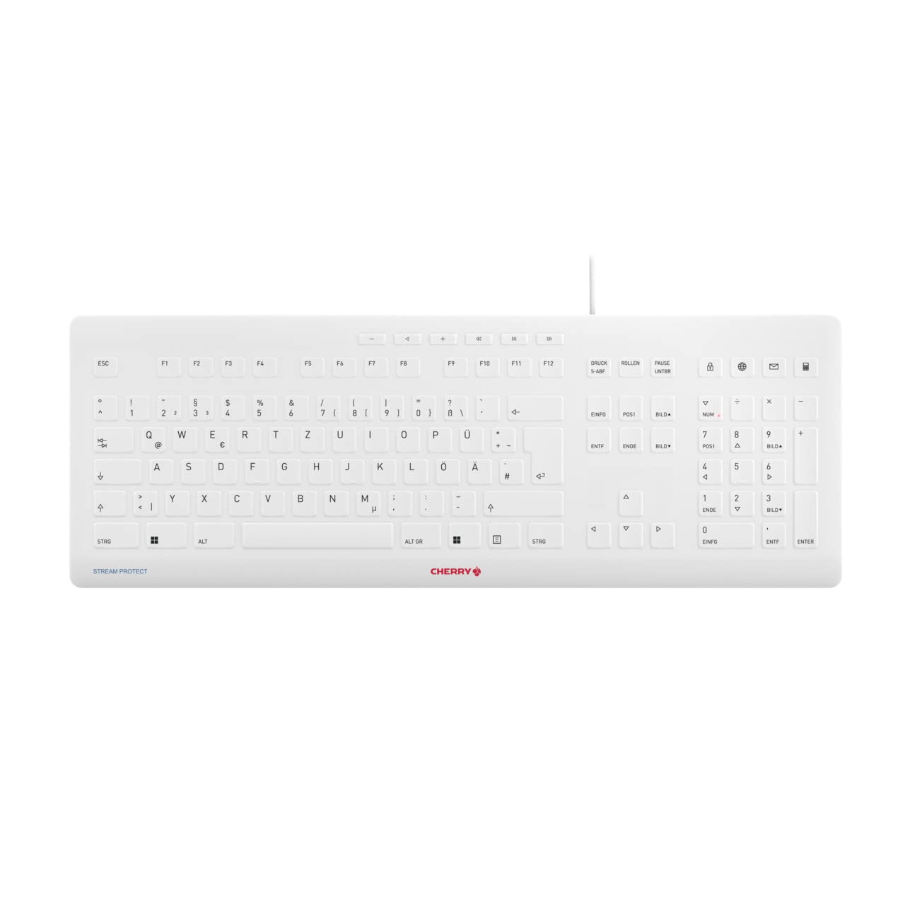 CHERRY STREAM PROTECT KEYBOARD, Tastiera Con Filo con Copritastiera Removibile in Silicone, Layout per la Germania (QWERTZ), Design piatto, Disinfettabile, Bianco-Grigio