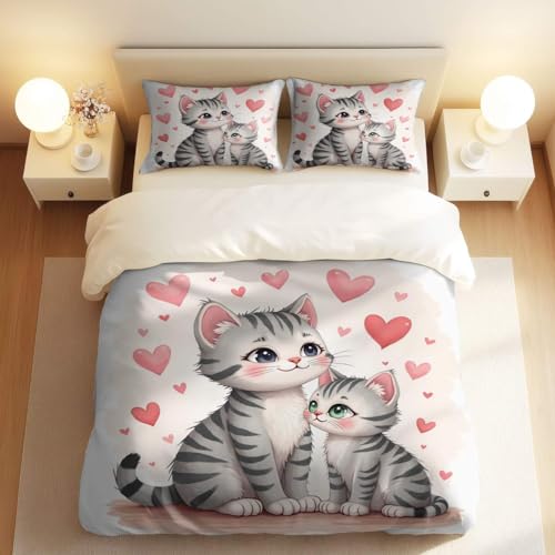 Housse de couette chat mignon imprimé lit double motif cœur rose