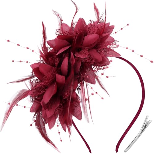 Image of DRESHOW Womens Fascinators Hats Tea Party Hats for Women Pearl Lace Feather Hat Vintage Derby Hats for Wedding Cocktail