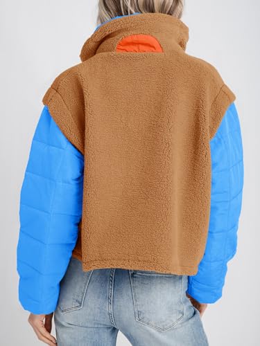 Tankaneo Womens Fleece Puffer Pullover Jacket Sherpa Fuzzy Coat Fall Winter Half Zip Color Block Sweatshirt4