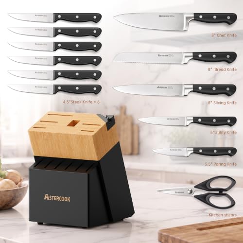 Image of Astercook Kitchen Knife Set Full Tang with Block and Sharpener Elegant