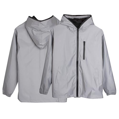 reflektierende winterjacke damen，360 Reflektierende Herrenjacke Unisex Full Reflective Jacke Laufjacke/Atmungsaktiv/Winddicht/Wasserabweisend/Reflekierend,Grau,L