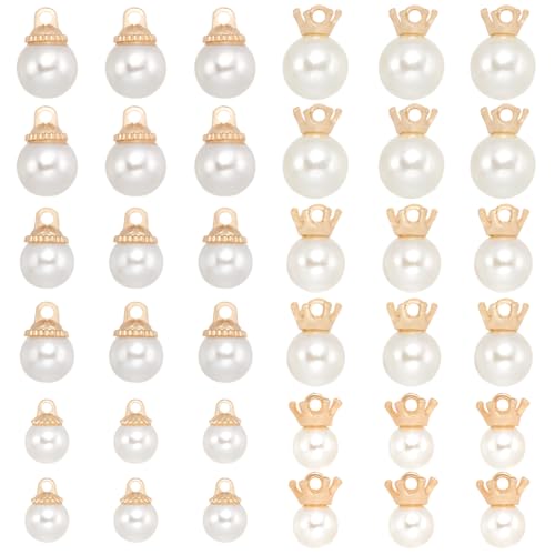 SUNNYCLUE 1 BOX 60Pcs White Imitation Pearls Charm Pearl Bail Charms Faux Round Alloy Plastic Small Crown Beads Pendants Charms for jewellery Making Charms Bracelet Earring Crafting Beginners Adults
