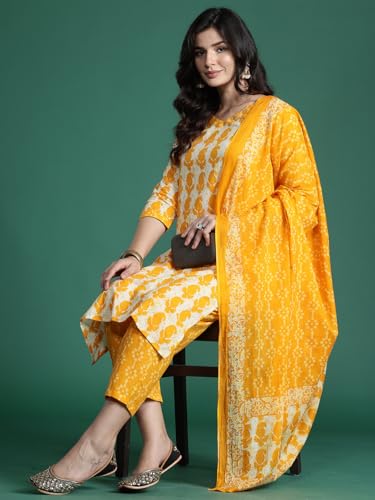 Image of INDO ERA Women's Pure Cotton Printed Straight Kurta & Pant with Dupatta Set