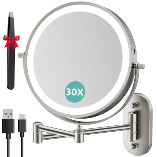 Auxmir 8" Miroir Grossissant Lumineux Mural x30, Miroir Grossissant Mural avec 3 Modes Couleur, 1X/30X Grossissement Charge USB, Écran Tactile, 360° Pivotant et Extensible pour Salles de Bain, Nickel