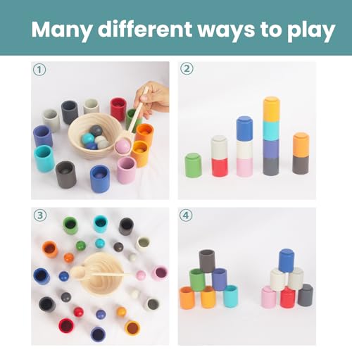 WOODENFUN Rainbow Balls in Cups Toddler Montessori Toys for 1 Year Old Up, Kids Preschool Wooden Matching Games for Learning Color Sorting and Counting