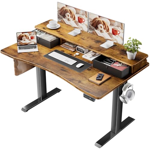 Veken 47.2'×27.6' Standing Desk with Storage Drawers, Adjustable Height Computer Table with Monitor Shelf, Home Office Desk for Study, Gaming, Workstation, Brown