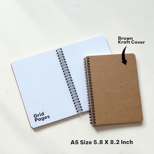 Image of INNAXA A5 Grid Notebook - (Pack of 2) Eco-Friendly Brown Kraft Cover Journals, 100 GSM Premium Thick White Paper, 50 Sheets /100 Pages Each, Square Graph Paper for Architecture, Designing & Bullet Journaling