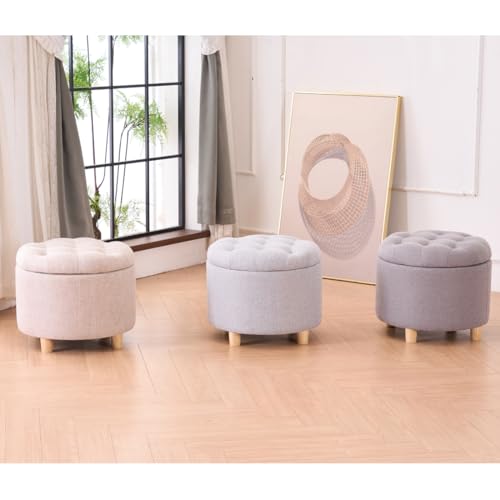 LEITING Round Large Storage Ottoman Toy Chair Seat Foot Stool Footstool Footrest Pouffe Upholstered with Linen Fabric Cover (Beige) - Cosy Home Interiors LEITING Round Large Storage Ottoman Toy Chair Seat Foot Stool Footstool Footrest Pouffe Upholstered with Linen Fabric Cover (Beige) - Image 8