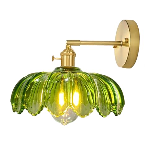 Image of Gold Vanity Light Green Glass Bathroom Wall Sconce Brushed Brass Vanity Lamp Bathroom Light Fixtures with Flower Glass Shad Mid Century Vintage Wall Sconces for Over Mirror Bedroom