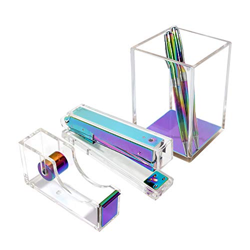 Rainbow Acrylic Clear Office Supplies Set Colorful Desktop Supplies Kit with Pen Holder Stapler Tape Dispenser Colorful Desktop Accessories for Office N Home