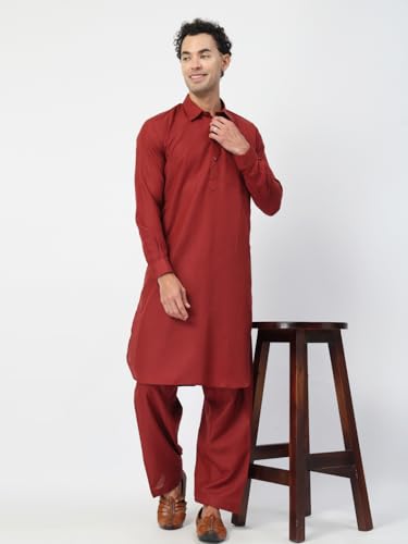 Image of Men's Traditional Pathani Kurta Salwar Set, Red, Long Sleeve, Collared Neck, Cotton Blend, Ethnic Wear