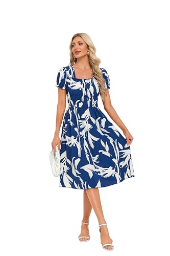 Image of Women's 2026 Summer Boho Floral Midi Dress Casual Square Neck Puff Sleeve A Line Dresses with Pockets