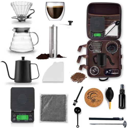 Coffee Maker Set V60 Pour Over Drip Coffee Sets Portable Coffee Kit Coffee Serving Sets-Travel Coffe-e Kit with Grinder-Server-Kettle-Filter-Scale & Glass Drip Funnle Set-All in Gift Bag (15 IN1)