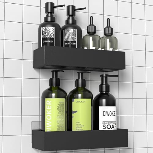 Diwoker Etagere Salle de Bain, 2 Pièces Étagère Douche sans Percage, Porte Shampoing Accessoire, Rangement Salle de Bain, Noir