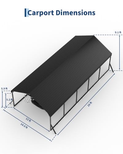 Image of GarveeLife 12x26x9 ft Metal Carport, Oversized Car Port | Reinforced Frame and Steel Roof / for All-Weather Use / for Full-Sized Pickups, Sedans, SUVs, or Boats