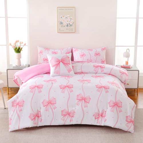 Image of DORCAS Bow Twin Comforter Set for Girls,6 Pieces Bed in A Bag Pink Bow Bedding Sets with Sheets for Kids