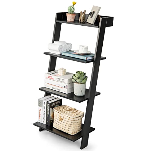 Tangkula 4 Tier Ladder Shelf, Leaning Bookshelf with Solid Wooden Frame, Anti-toppling Device, Anti-Falling Baffle, Open Shelving Unit for Home Office, 19.5 x 17.5 x 43 Inches (Black)