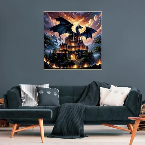 Image of Dragon Stamped Cross Stitch Kits for Beginners Adults, Castle Dimensions Needlepoint Art Crafts,Counted Cross Stitch Kits Embroidery Kits for Beginners Adults for Home Decor 13.8X13.8inch