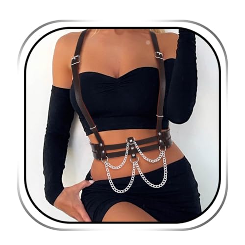 REETAN Leather Body Harness Punk Waist Harness Belts Layered Rave Accessories Belt for Women (Brown)