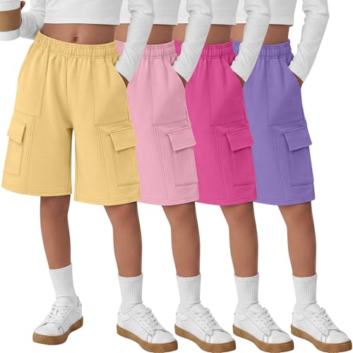 Vinsatin 4 Pack Girls Bermuda Shorts Cargo Kids Knee Length Shorts Wide Leg Loose Casual Lightweight Soft Pants with Pockets(13-14 Years,Yellow, Pink, Rose Red, Purple)