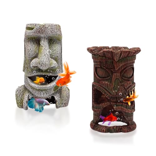 Image of 2pcs Moai Aquarium Decorations Tiki Fish Tank Hideout Shelter Easter Island Statue Cave Antique Decor for Betta Shrimp Cichlid Hiding Aquarium Ornament