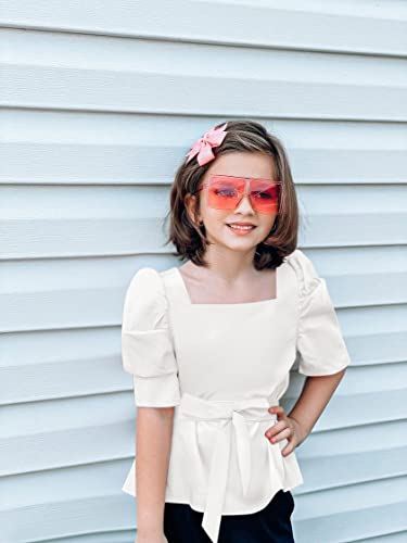 Fashare Girls Summer Puff Short Sleeve Cute Tops Blouse School Uniform Shirts Solid Belted Square Neck Tee For 5-14 Years White #TOP3