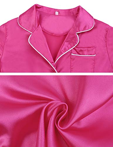 Hawiton Kids Satin Pajamas Set Toddler Girl PJS Long Sleeve Button Satin Loungewear Sleepwear Set with Pocket Rose Red