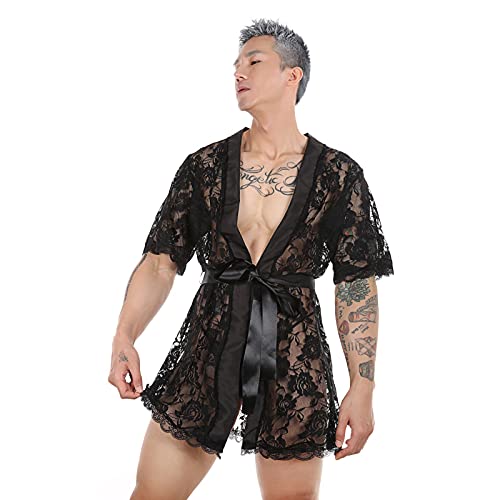 ITODA Men's Sexy Sissy Lace Bathrobes Pajamas Robes Set Night Lingerie with Thong