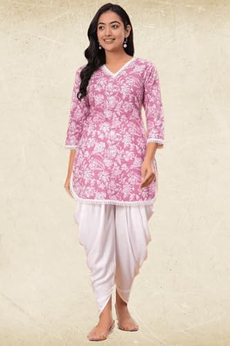 Image of Floral Print Cotton Kurta and Dhoti Set for Women Designer