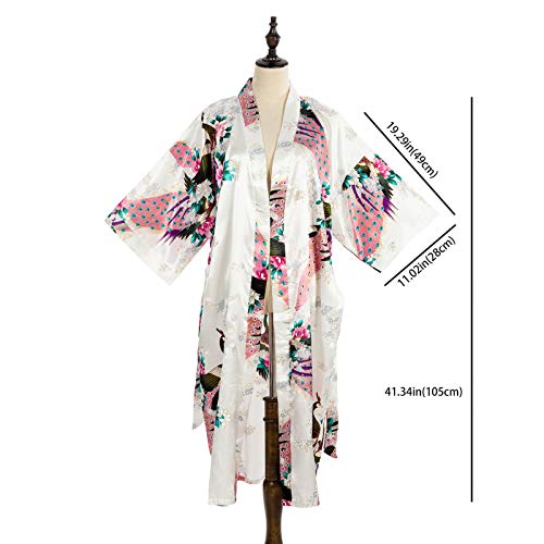 Asian Home Flower Peacock Satin Silk Kimono Robe, Dressing Gown, Bridal, Gift (White)
